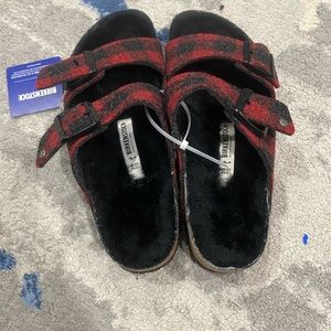 Brand new shearling buffalo plaid Birkenstocks